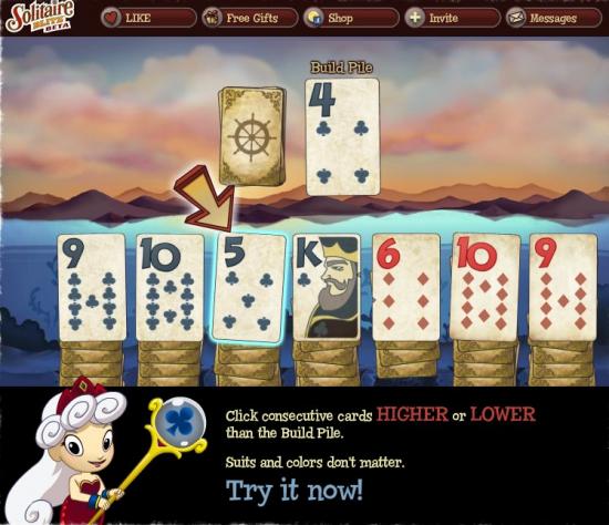 Solitaire Blitz /></a></strong></p> <ul><li>As you can see in the screenshot above, the best card to choose would be the 5 card. After you click on your first card, it becomes the top card on the build pile, and you will then have to match it up with the next card to build on the pile.</li><li>After you've learned the basics in the tutorial, you will then start playing the game for real. This means that there will now be 60 seconds on the clock for you to build the build pile as high as you can.</li><li>An important note is that Joker cards are considered wild, which means that they act like any card you want them to be. If you run out of possible matches in the game, you can click on a joker card to get things moving again.</li><li>If you can't find a joker card, you can click on the overturned stack of cards next to the build pile to draw a new card. You can continue drawing until you are able to make a match again.</li><li>After the 60 seconds is up in the game, you will have likely earned a new treasure while playing. These treasures can be used for powerful boosts while playing.</li></ul> <p><strong><a class=
