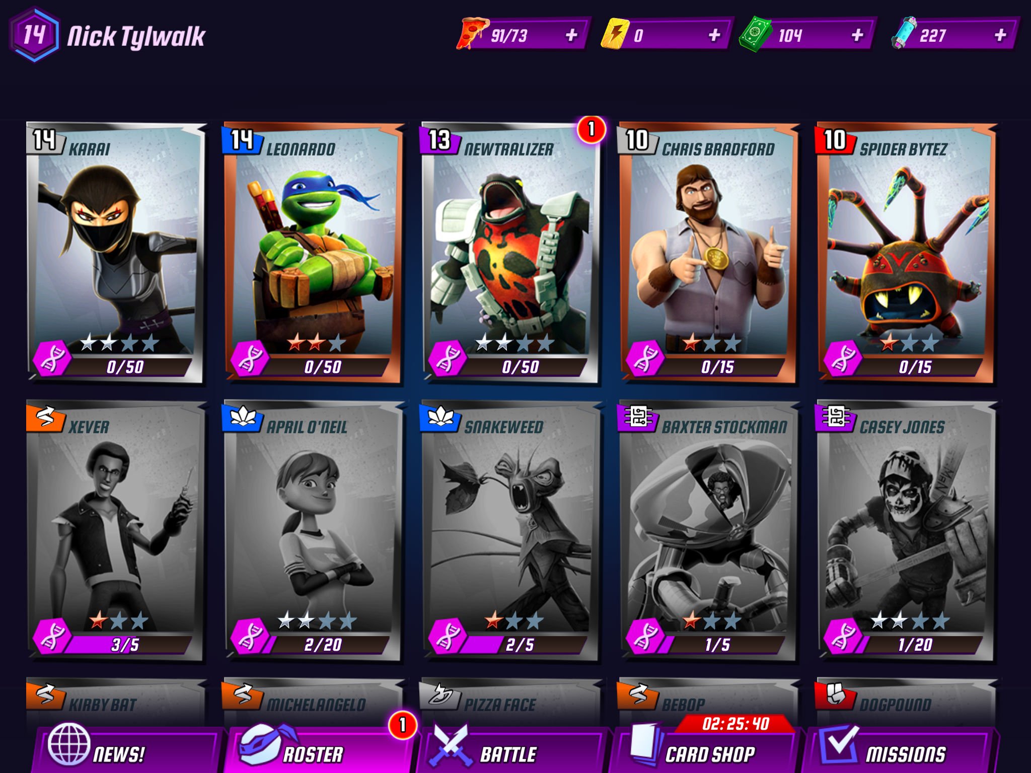 Teenage Mutant Ninja Turtles: Legends roster screen