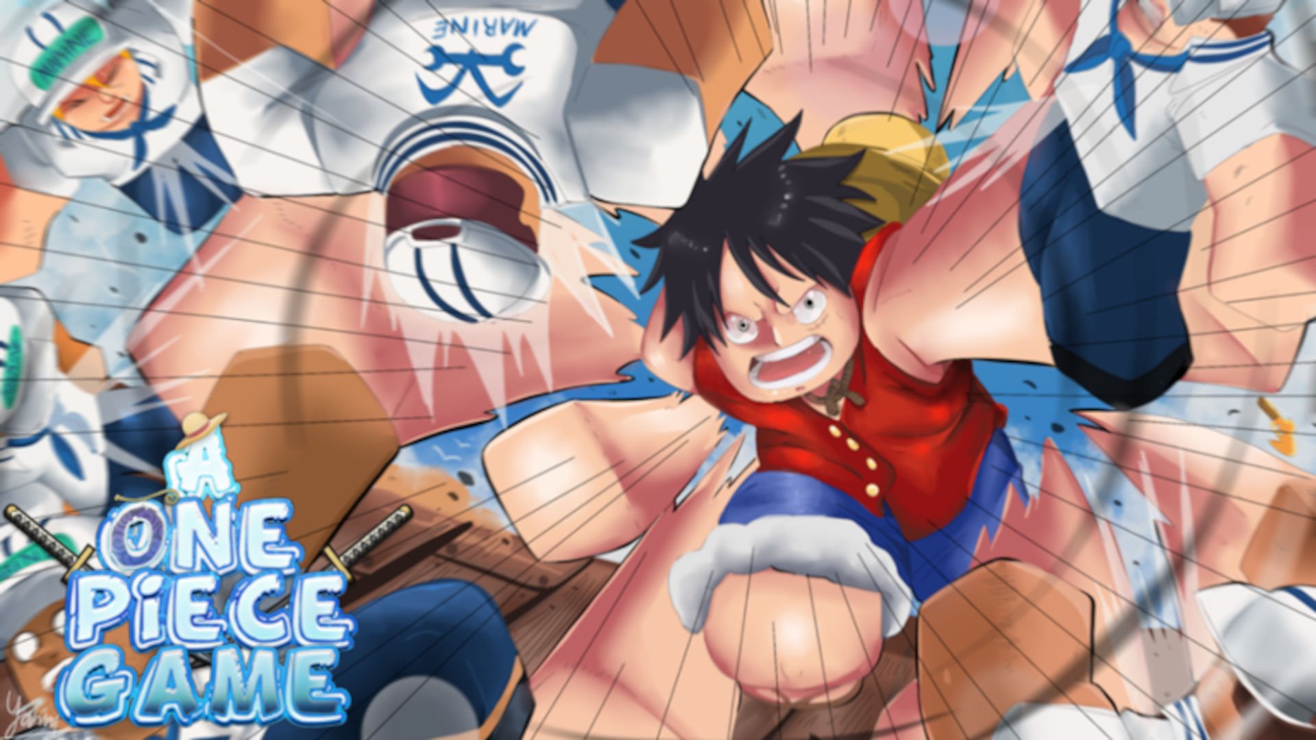 A One Piece Game character punching sailors.