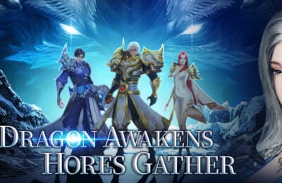 Three heroes from Aeon of Warfare stand in front of a giant dragon.
