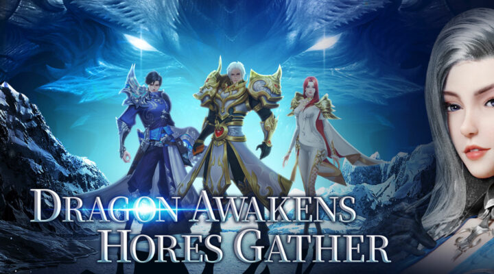 Three heroes from Aeon of Warfare stand in front of a giant dragon.