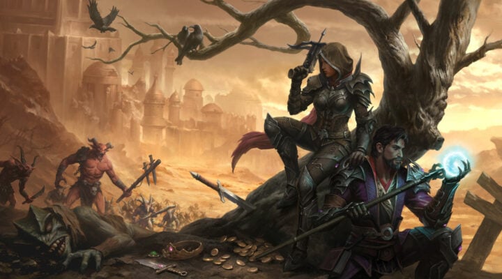 A Demon Hunter and Wizard survey a battle scene in Diablo Immortal.