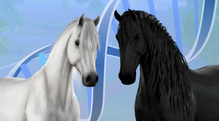 Two cute horses stand in front of a DNA symbol.