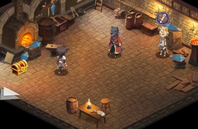 A warrior, wolf, and cat standing in a blacksmith's hut next to a chest.