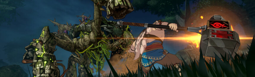 A warrior wielding a hammer faces off against a monster made of tree branches.