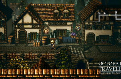 A character exploring town in Octopath Traveler: CotC.