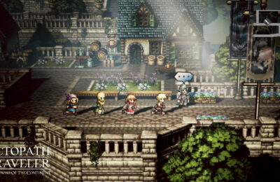 A bunch of characters exploring a city in Octopath Traveler: Champions of the Continent.