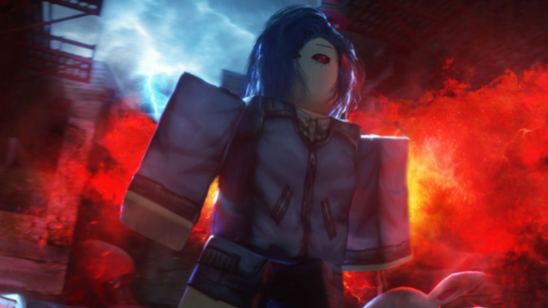 Ro-Ghoul Alpha Codes: A menacing Roblox character with red eyes
