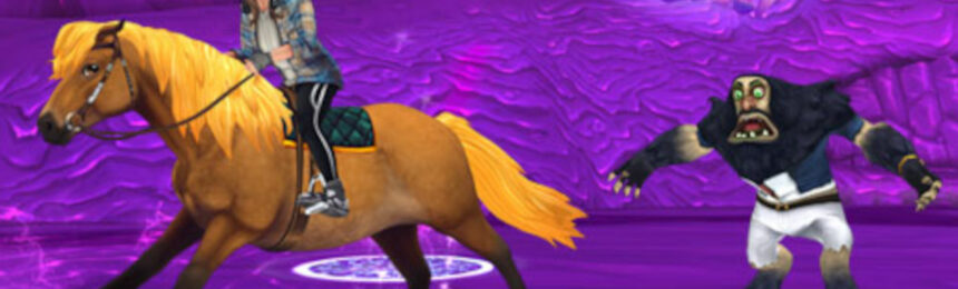 A horse and rider escaping from a monster in Star Stable.