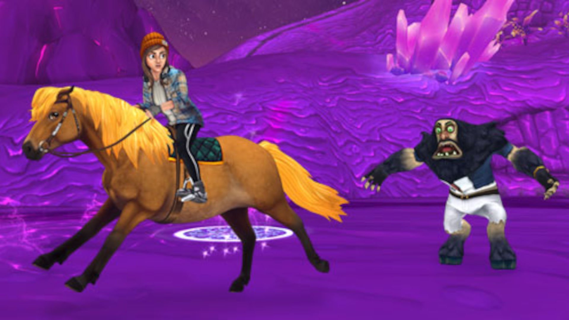 A horse and rider escaping from a monster in Star Stable.