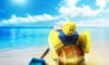 A Roblox character opening a treasure chest on a beach.