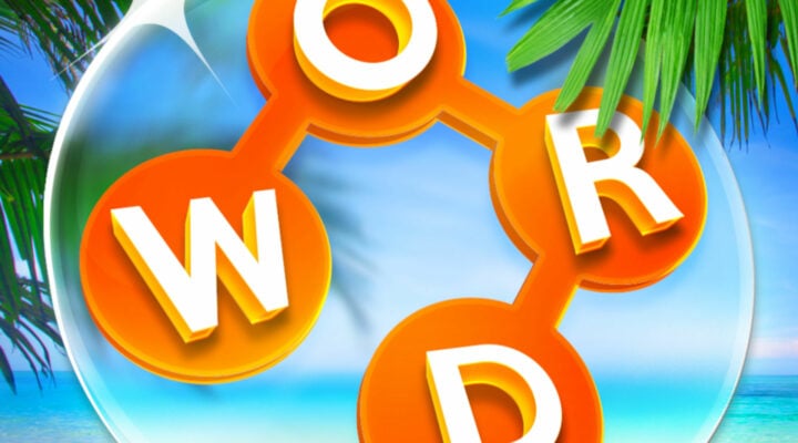 The Wordscapes logo: a shiny bubble filled with letters on a beach.