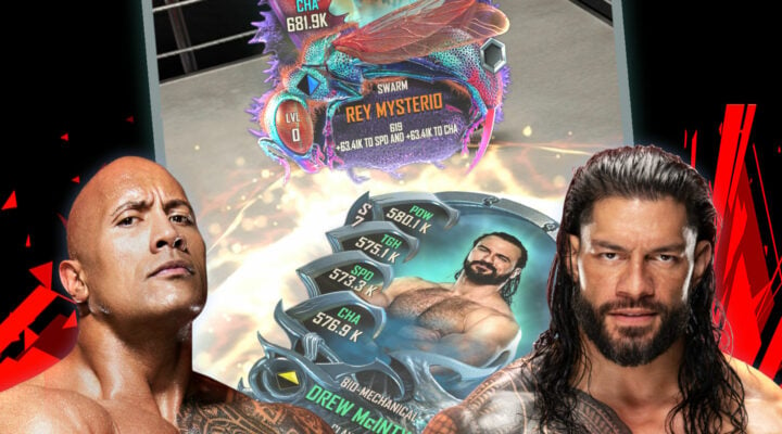 Wrestlers standing in front of cards in WWE SuperCard.