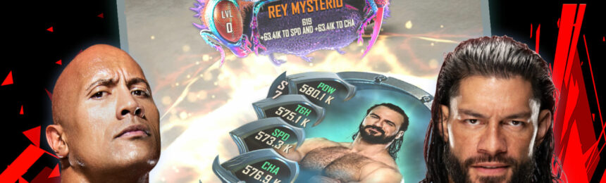 Wrestlers standing in front of cards in WWE SuperCard.