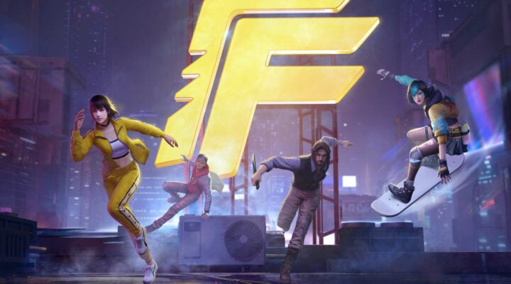 Garena Free Fire characters running in front of the logo.