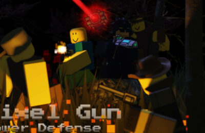 A Roblox character firing a gun in Pixel Gun Tower Defense.