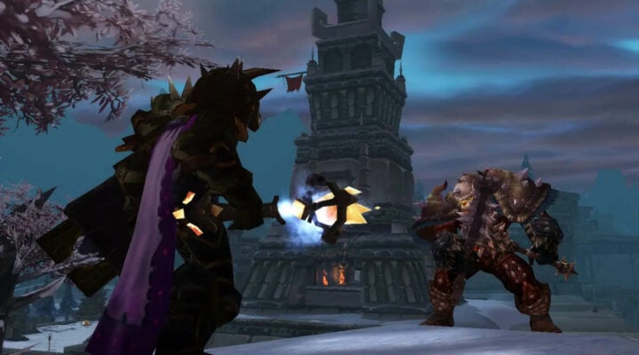 Two characters fighting in World of Warcraft: Wrath of the Lich King