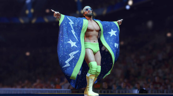 A wrestler cheering for the crowd in WWE 2K22.