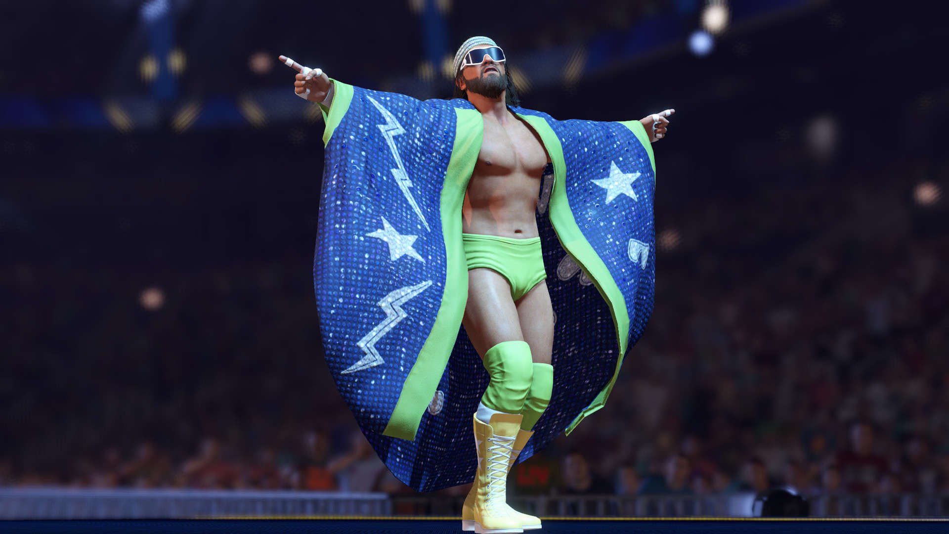 A wrestler cheering for the crowd in WWE 2K22.