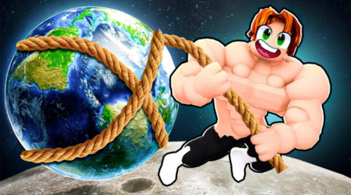 A Roblox character from Lifting Heroes pulling the world on a rope