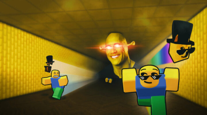 Roblox characters running from Dwayne Johnson as Shrek in Backrooms Race Clicker