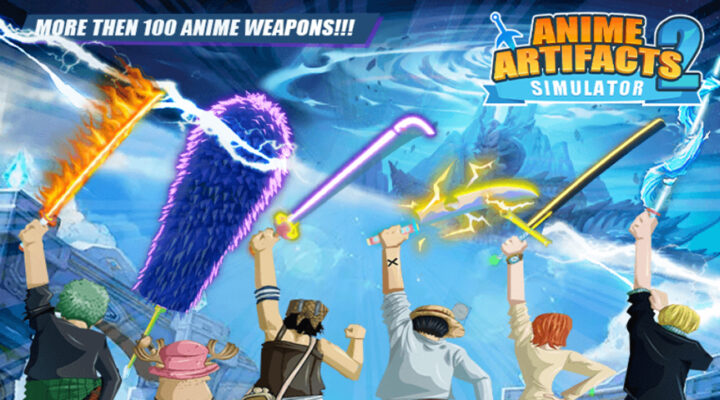 The featured image for our Anime Artefacts Simulator 2 codes guide, featuring six Roblox characters with their backs to the camera, looking up at the sky, cheering at the thunder in the sky. In their cheering arms, they are holding anime artifacts.