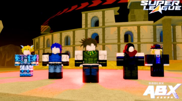 The featured image for our Anime Battlegrounds X code guide, featuring five Roblox fighters in various costumes facing the camera in an arena.