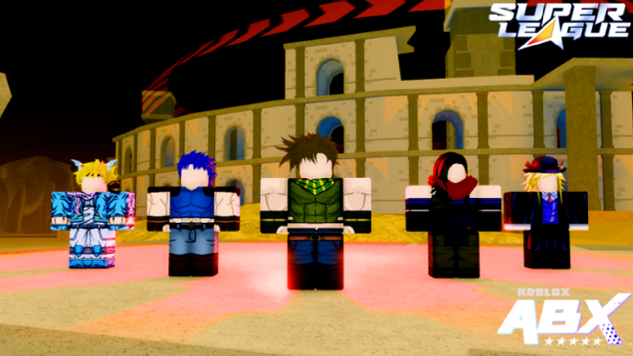 The featured image for our Anime Battlegrounds X code guide, featuring five Roblox fighters in various costumes facing the camera in an arena.