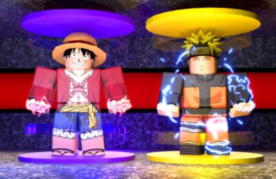 Two Anime Roblox characters standing on platforms in Anime Power Tycoon