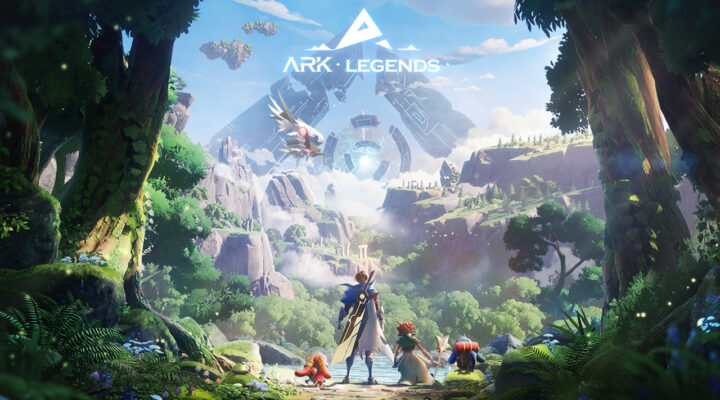 The featured image for our Ark Legends codes guide, featuring a poster for the game. The poster itself features four Ark Legends characters looking into a valley. They are standing at the bottom of the valley, and a green jungle awaits behind them. Infront of them is a sweeping mountain.