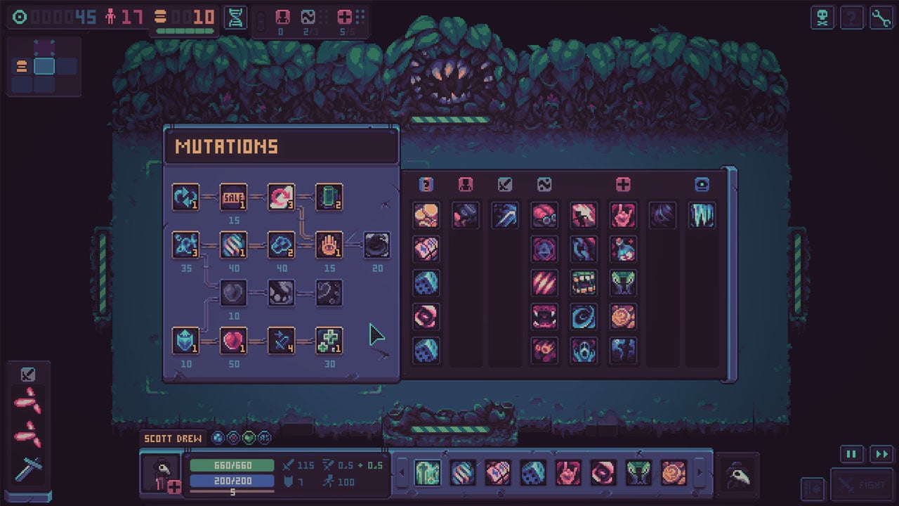 An image of the mutations UI, displaying all the different mutations you can use in Despot's Game.