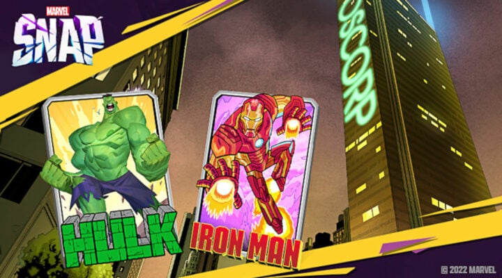 Marvel Snap cards in front of the Oscorp building