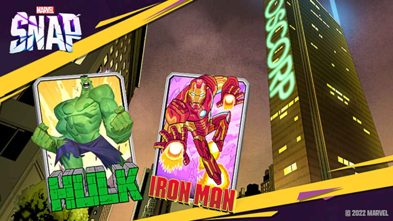 Marvel Snap cards in front of the Oscorp building