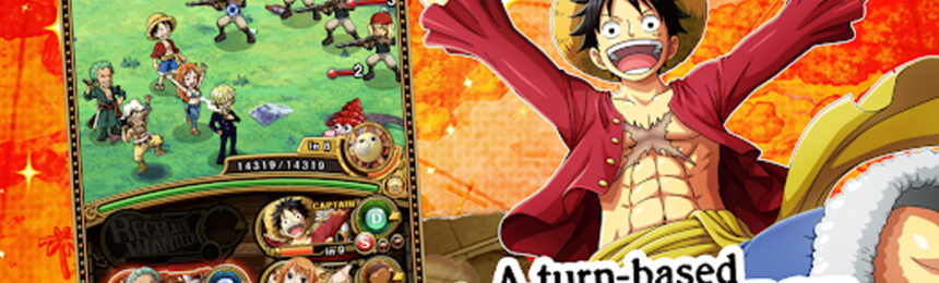 The featured image for our One Piece Treasure Cruise tier list, featuring a One Piece character with their arms in the sky, exclaiming their excitement. To the left of the character is a screenshot from the game, as the player battles enemies in a squad.