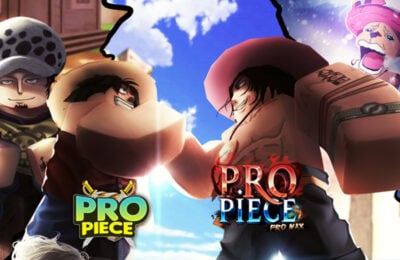 The featured image for our Pro Piece Pro Max codes guide. The image features a visual metaphor of the previous game's main character shaking hands and handing over the torch with a character from the new Pro Piece Pro Max.