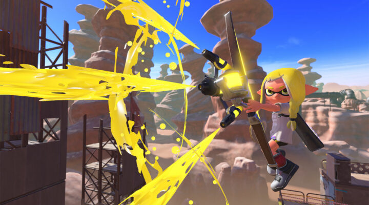A Splatoon 3 character firing the new bow-like weapon