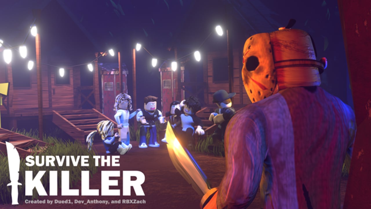 The featured image for our Survive the Killer codes guide, featuring a killer in a hockey mask stalk a group of campers in the woods.