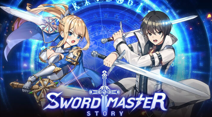 The featured image for our Sword Master Story tier list, featuring two characters from the game hacking and slashing towards the camera with a blue background.