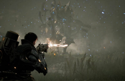 A character shooting a giant robot in The First Descendant