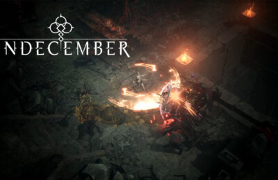 Featured image for our Undecember mage build guide, displaying an Undecember character battling it out with a group of monsters in a dark cavern lit only by the fires of the weapons.