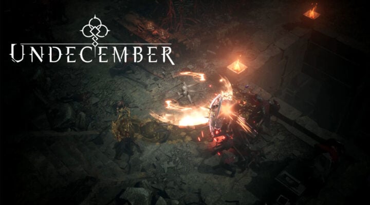 Featured image for our Undecember mage build guide, displaying an Undecember character battling it out with a group of monsters in a dark cavern lit only by the fires of the weapons.