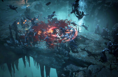 The featured image for the Undecember Weapons Guide, featuring the main character battling a horde of monsters in a rocky cave.