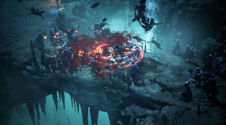 The featured image for the Undecember Weapons Guide, featuring the main character battling a horde of monsters in a rocky cave.