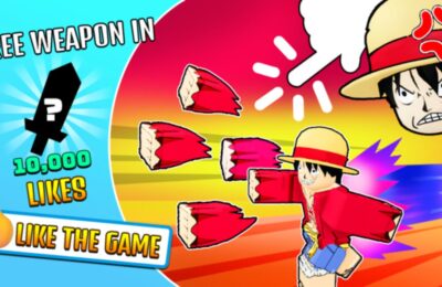feature image for our anime clicker fight codes guide featuring a roblox version of luffy from one piece with his fist duplicated multiple times to showcase a punching animation, there's also a hand to replicate a clicking motion, with text that says free weapon in ten thousand likes with a silhouette of a sword with a question mark on top, there is also a call to action to like the game