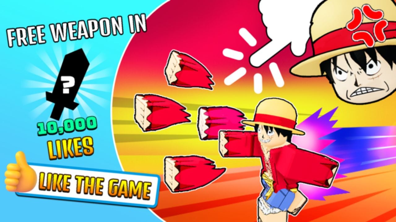 feature image for our anime clicker fight codes guide featuring a roblox version of luffy from one piece with his fist duplicated multiple times to showcase a punching animation, there's also a hand to replicate a clicking motion, with text that says free weapon in ten thousand likes with a silhouette of a sword with a question mark on top, there is also a call to action to like the game
