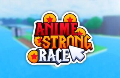 feature image for our anime strong races codes guide, the logo for the game is on top of a blurred background of a blue sky, blue water and a green grass platform with a tree