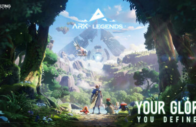 The Ark Legends logo and a character standing in front of a beautiful scene