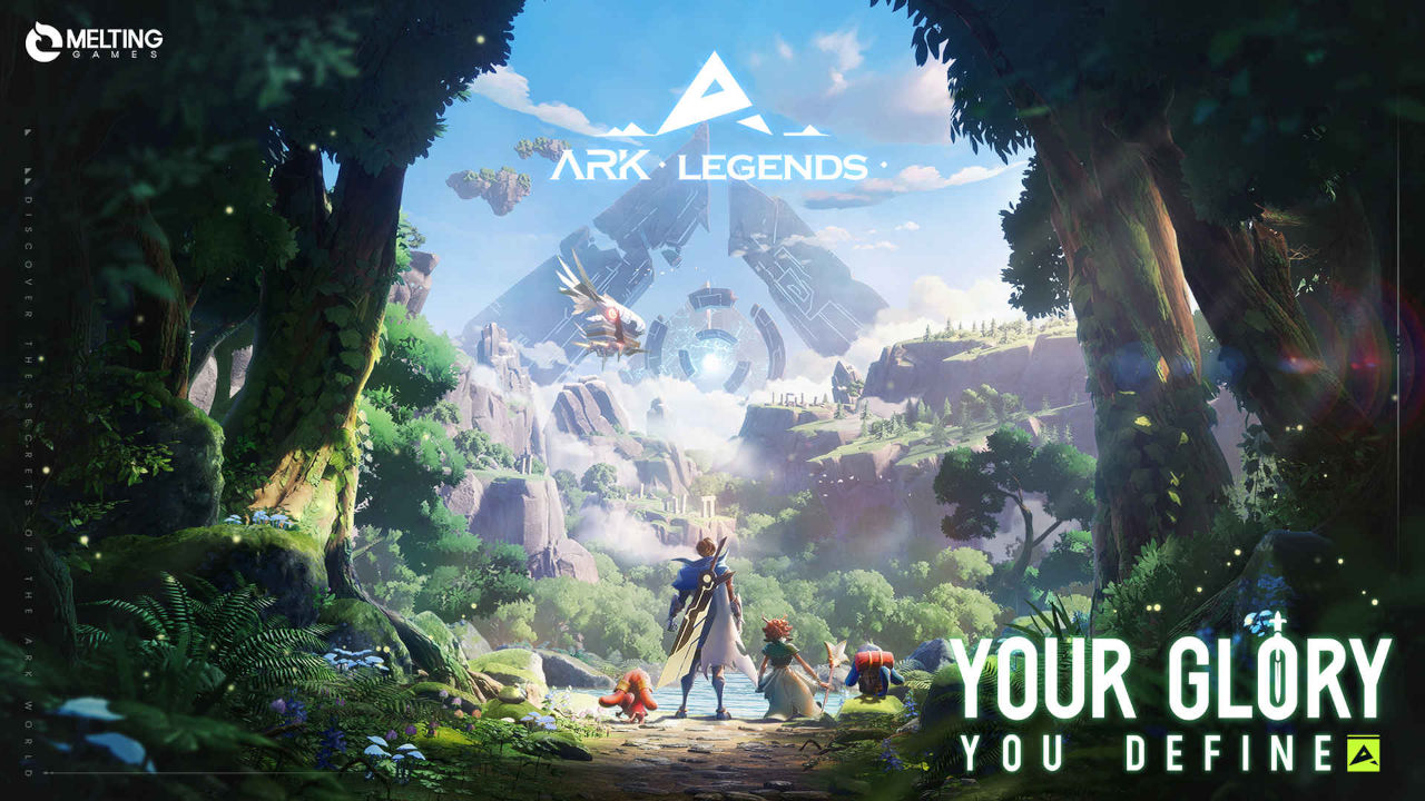 The Ark Legends logo and a character standing in front of a beautiful scene