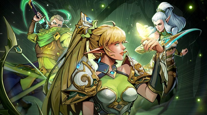 The featured image for our Awaken Legends tier list, featuring three elves from the game gathered, all wearing green attire.