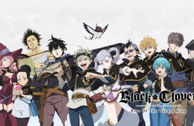 The featured image for our Black Clover Mobile codes guide, featuring a whole roster of Black Clover characters posing infront of a white background.
